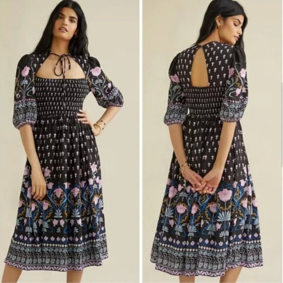 Anthropologie Dresses & Skirts - ANTHROPOLOGIE Dasha Smocked Floral Print Midi Dress in Black Large Petite NWOT